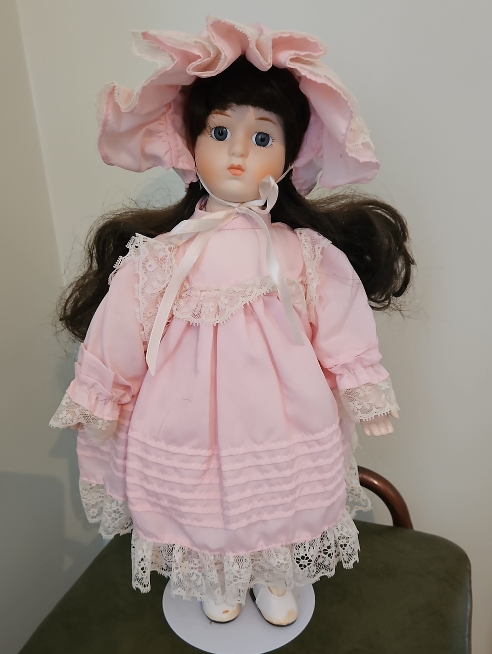 Classic Porcelain Fashion Doll in Pink Lace Dress and Bonnet